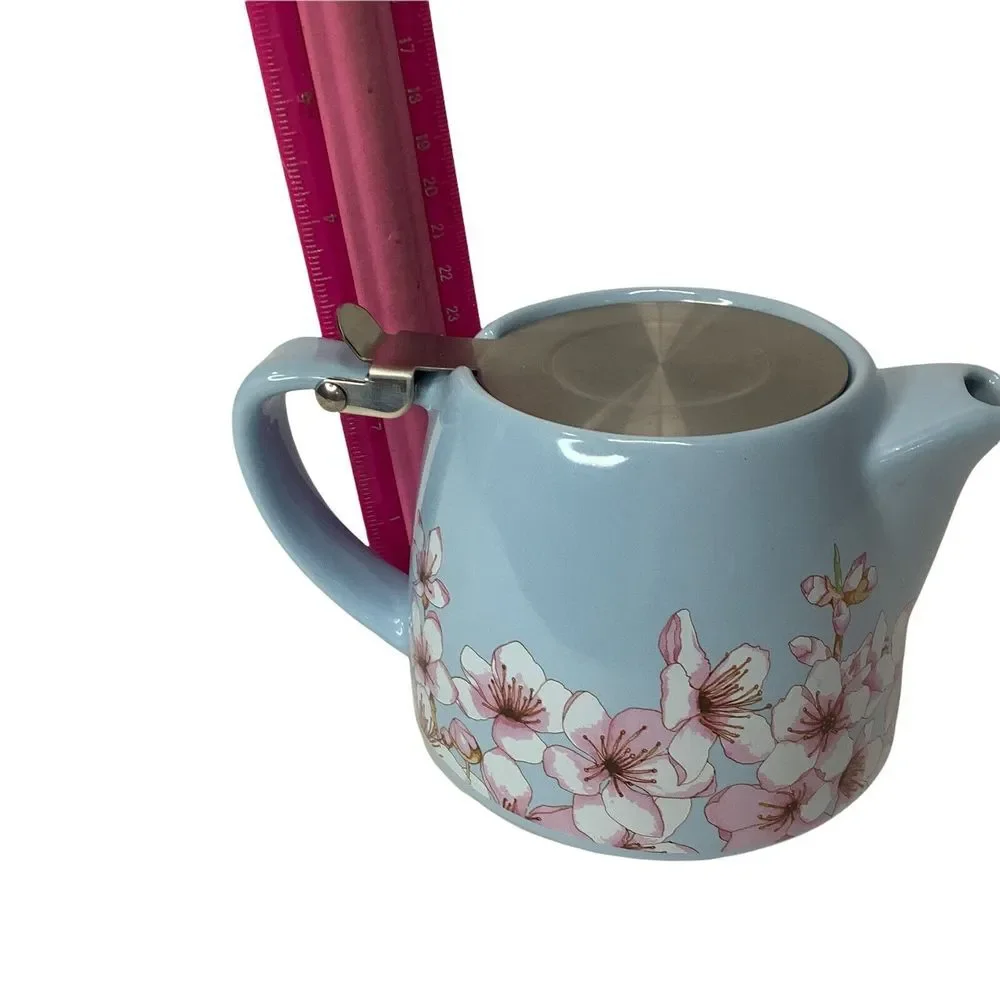 Alfred Ceramic‎ and Stainless Steel Teapot 20 oz Blue Pink Floral Cherry Blossom